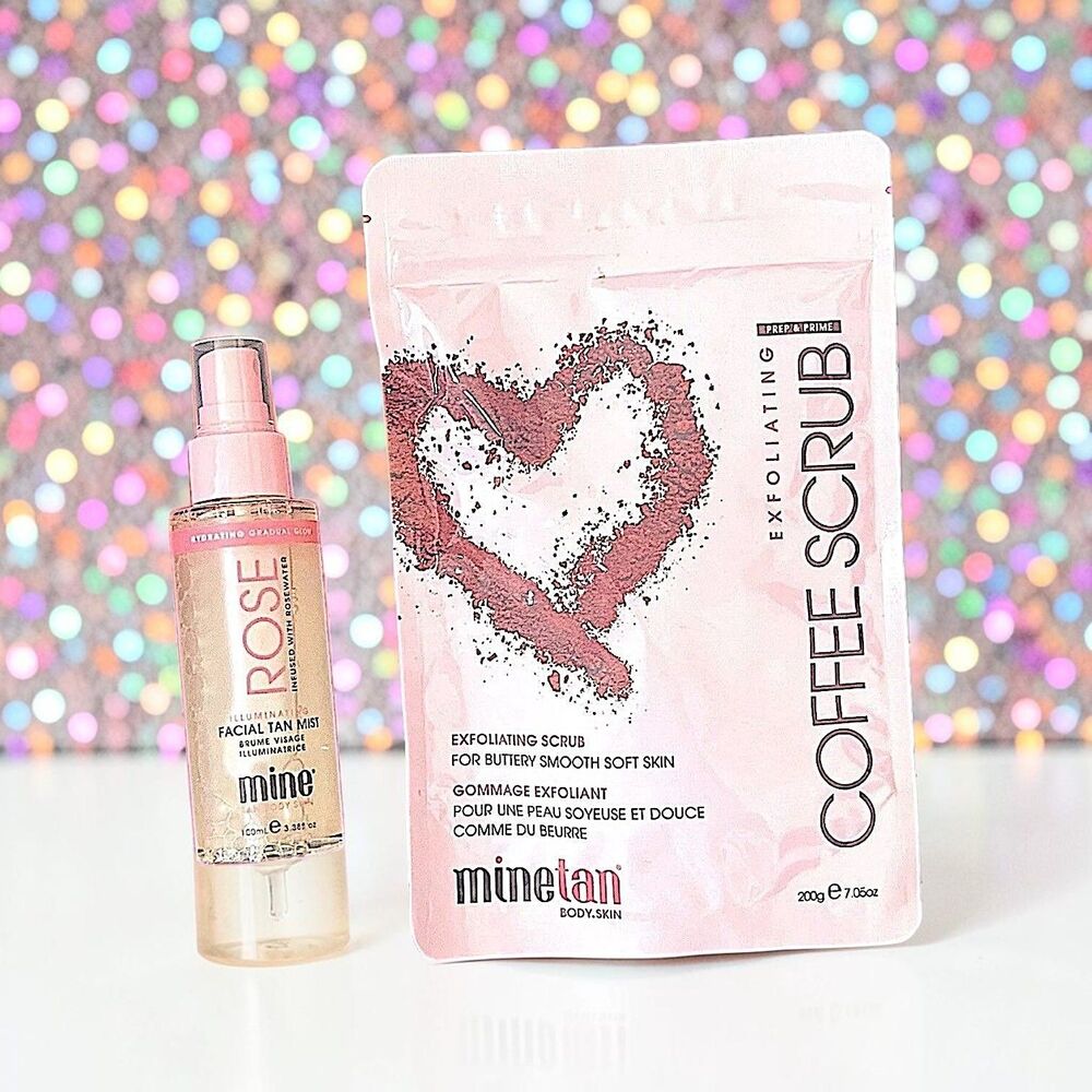 MINETAN Exfoliate & Glow Kit Brand Facial Tan Mist & Coffee Scrub New In Package